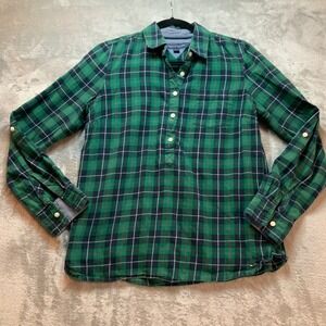 Tommy Hilfiger Womens Green Plaid Popover Shirt Roll Tab Sleeve Small